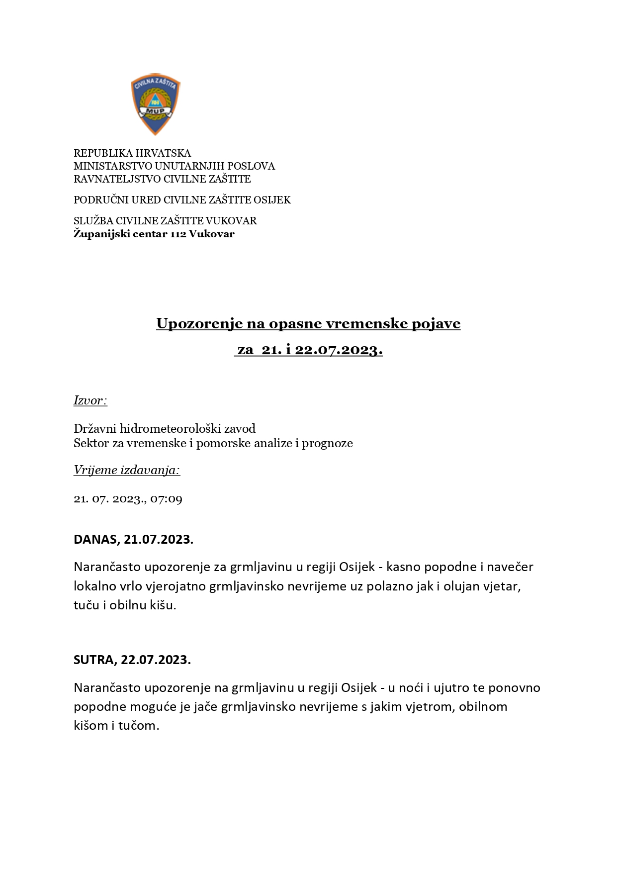 DHMZ  Upozorenje na opasne vremenske pojave 2023